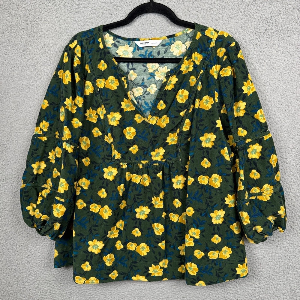 Sonoma Top Womens 2X Green Yellow Floral Balloon‎ Sleeves Corduroy Cottagecore